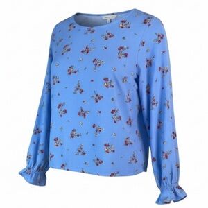 H&M Floral Patterned Viscose Button Back Blouse Corleone Blue Round Neck Size  2